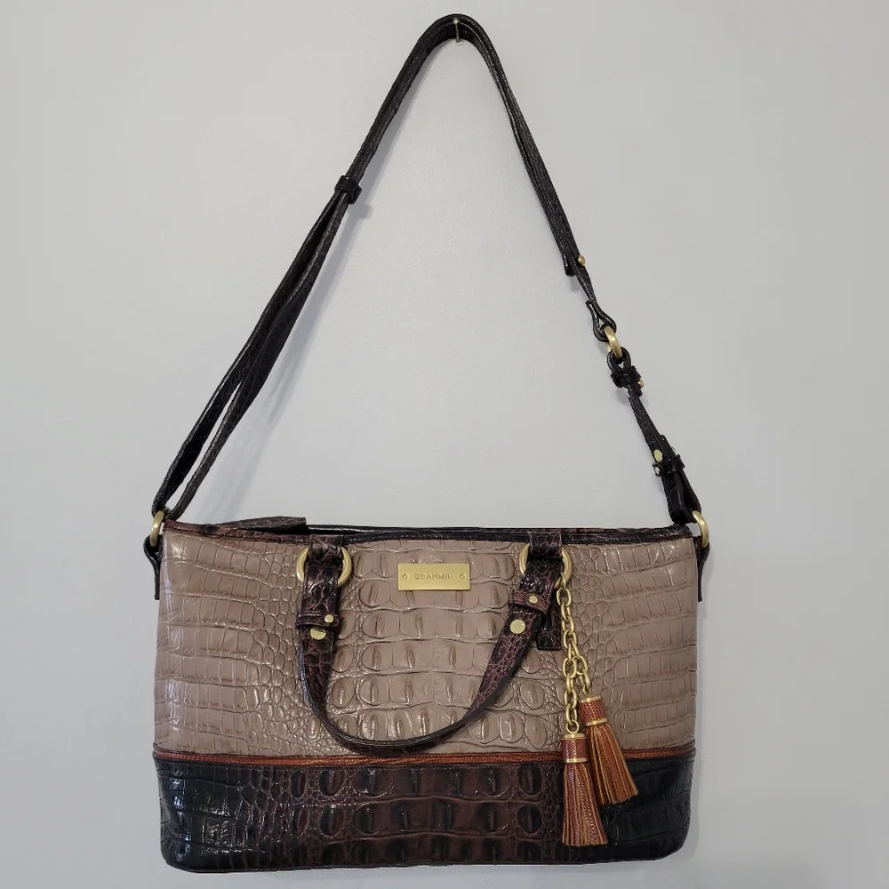 Brahmin Mini Asher Satchel Bag Croc Embossed Rich Dark Brown Grey Tan Luxury